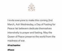 Pope announces Ash Wednesday as day of prayer and fasting for Ukraine